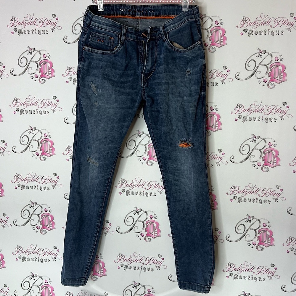 Kabali jeans Men's Blue Distressed Jeans orange details ripped style comfy